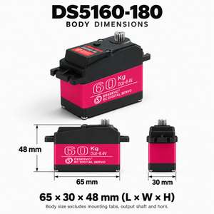 DS5160-180 servo body dimensions: 65 × 30 × 48 mm (length × width × height), excluding mounting tabs, shaft and horn.