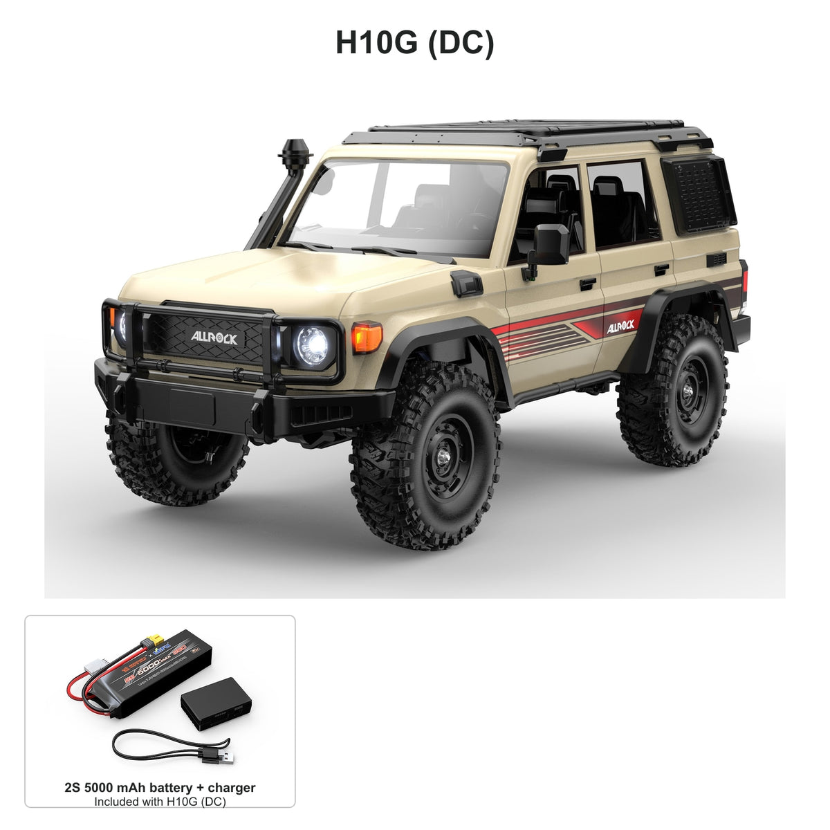 MJX H10G (DC) Sandy Yellow car with lower-left inset of included 2S 5000 mAh battery and charger