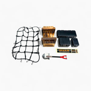 Wooden Box Plastic Safety Equipment Case Metal Shovel Luggage Net Set (Black) for 1/10 Scale