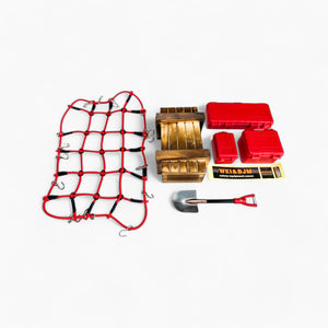 Wooden Box Plastic Safety Equipment Case Metal Shovel Luggage Net Set (Red) for 1/10 Scale